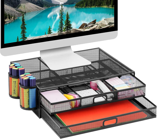 Monitor Stand with Drawer | Monitor Riser with Drawers and 2 Magnetic Pen Holder | Black Mesh Metal Desk Organizer for Computer, PC, Laptop, Printer, Notebook, Imac (Set of 3)